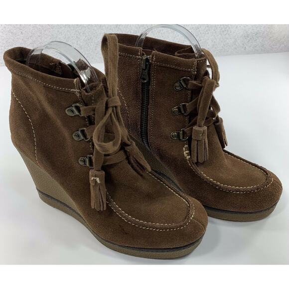 MIA Hazel Boot Brown Suede Leather Tassle Lace Up Wedge Bootie Size 7.5 M - Picture 2 of 12